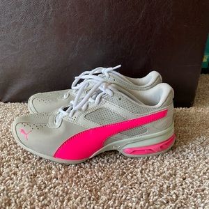 Kids Light Gray and Pink Puma Sneakers
